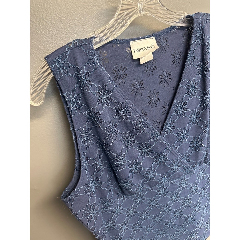 Vtg 90s Fashion Bug Womens Tank Top Sz L Navy Blue Eyelet V-Neck Prairie Cottage